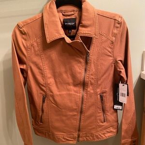 Liverpool wax coated moto jacket; cognac color.